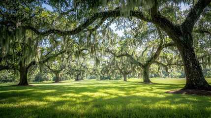 Obraz premium Sunlight Filtering Through Mossy Old Growth Trees On A Green Meadow