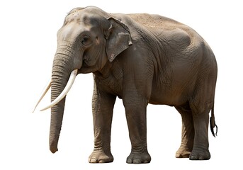 Obraz premium An elephant standing with its trunk down and tusks visible against a white background in full view