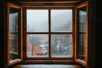 Cozy winter view through a rustic window with snowy landscape.