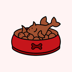 Dog Bowl with Fish and Chicken – Minimal Line Art Vector