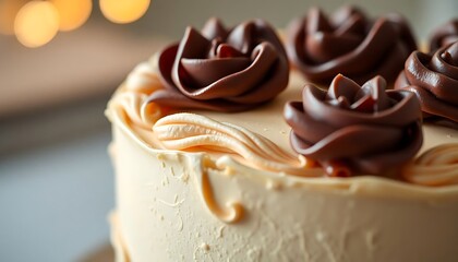 close up of a cake with chocolate frosting