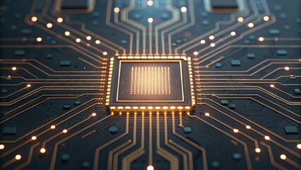 Fototapeta premium Close-up view of a microchip surrounded by intricate circuit pathways, showcasing advanced technology and design.
