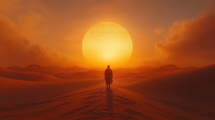 A lone figure walks toward a huge sun in a vast, orange desert landscape. Use this image to convey themes like resilience, solitude, or new beginnings.