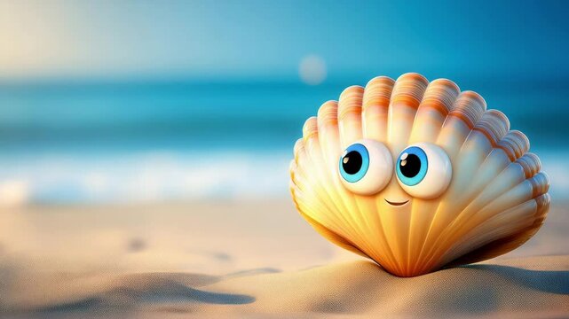 Cute Cartoon Clam Character on a Beach