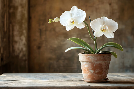 Two elegant white orchids in terracotta pot.