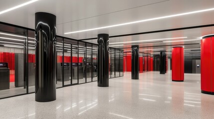 Modern, minimalist server room interior design.