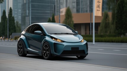 aqua mist Electric car mockup in modern urban street, daylight, minimal traffic, futuristic city in the background