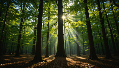 Sunlight streaming through trees in forest nature photography landscape