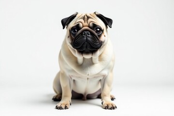 A single pug, front view, against a white backdrop, adorable, pet portrait, white background