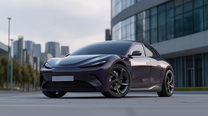 basil purple Electric car mockup in modern urban street, daylight, minimal traffic, futuristic city in the background