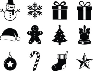 Silhouette set of twelve Christmas icons, featuring festive symbols such as a snowman, snowflake, gift box, Santa hat, gingerbread man, Christmas tree, bell, ornament, candy cane, stocking, and star
