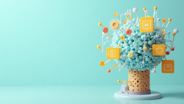 Machine Learning Model. Tiny technological wonder. Isolated background, copyspace.. Small, plastic-bead tree with buttons represents tiny yet powerful technological innovation in isolation.