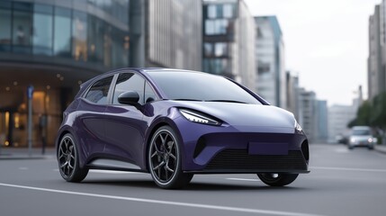 basil purple Electric car mockup in modern urban street, daylight, minimal traffic, futuristic city in the background