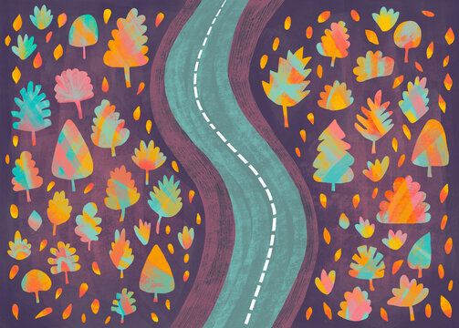 Vibrant roadside landscape with colorful trees and winding path