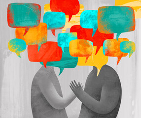 Two figures engaged in conversation with colorful speech bubbles