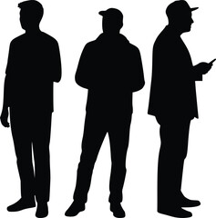 Black and white silhouette of three individuals in different standing postures, one with arms relaxed, another with hands in pockets, and the third holding a phone