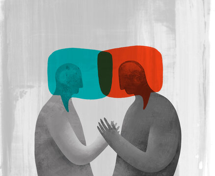 Two abstract figures in conversation with vivid color contrasts