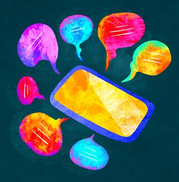 Colorful speech bubbles surrounding a bright smartphone design