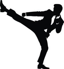 Silhouette of a formally dressed individual executing a high kick, combining elegance with martial arts action, isolated vector illustration 