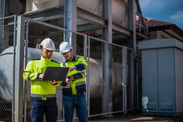 The inspector and the electrical engineer are working together seriously.