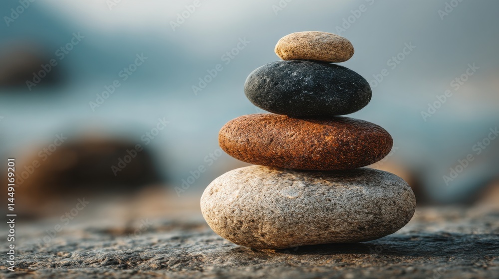 Poster neatly stacked rocks representing financial balance and equilibrium in cognitive logic and investmen