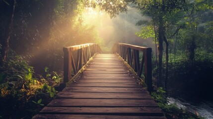 A wooden bridge leads through a misty forest with a bright light at the end
