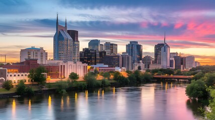 Fototapeta premium Breathtaking Nashville Skyline at Sunset Over the Cumberland River