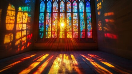Colorful stained glass window illuminated by sunlight inside a historic building during the late afternoon - ai