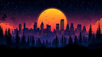 City skyline under starry night trees