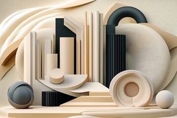 Geometric Composition with Curved Elements, 3D Abstract Illustration