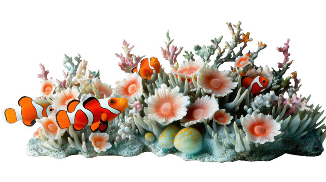 clown swimming in anemones on white background