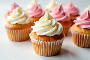 Close-up of mouthwatering cupcakes with swirls of cream on white table, food, frosting