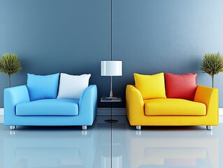Vivid armchairs in contemporary space, a burst of color contrast concept