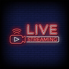 live streaming neon sign with brick wall background vector