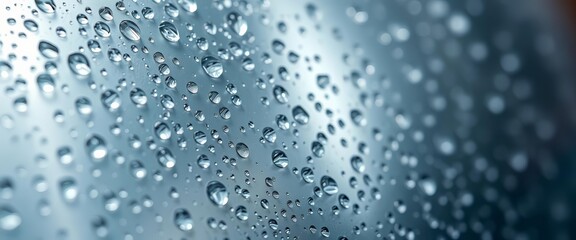 Fototapeta premium Close-up of rain droplets on metallic surface, reflecting light, background, metal