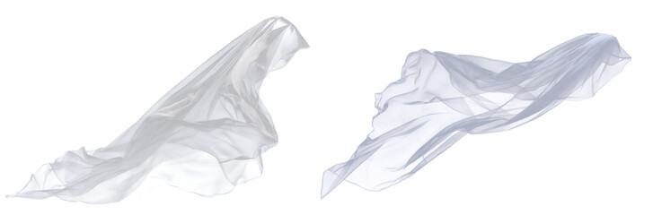 Floating translucent white bridal veil with soft folds and delicate motion, ethereal fabric element on transparent background for wedding design or romantic decorative use