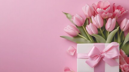 Giftbox with ribbon bow and pink tulips. Pastel pink isolated background and copyspace