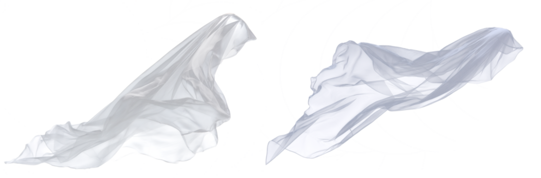 Floating translucent white bridal veil with soft folds and delicate motion, ethereal fabric element on transparent background for wedding design or romantic decorative use