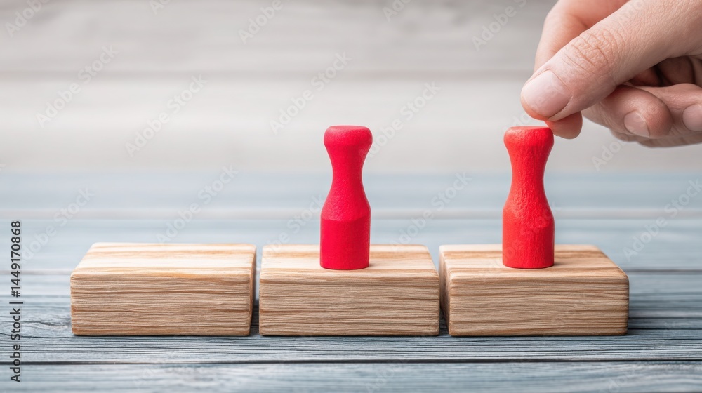 Poster a person strategically placing a red piece of wood on a block to illustrate executive decision-makin