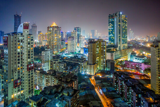 India, Mumbai, Maharashtra, city skyline illuminated at night