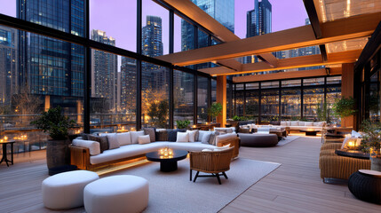 Luxurious lounge area with modern furniture, glass walls, and city skyline views