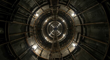 Spiral staircase in an industrial structure.  Interior view