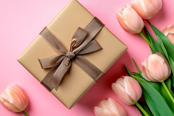 Top view of giftbox with ribbon bow and pink tulips. Pastel pink background and copyspace