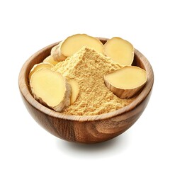 Ginger powder in wooden bowl with sliced isolated on white background
