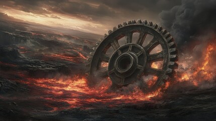 Huge gear rests amidst a fiery, volcanic landscape.