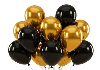 A bunch of shiny gold and black balloons clustered together against a plain white studio background view