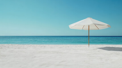 Serene beach scene featuring white umbrella on soft sand with calm ocean in background