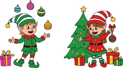 Cheerful cartoon elves decorating a Christmas tree and juggling ornaments, surrounded by festive gifts and holiday spirit