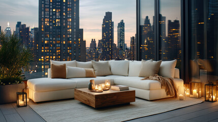 Cozy rooftop lounge with sectional sofa, candles, and city skyline view at dusk