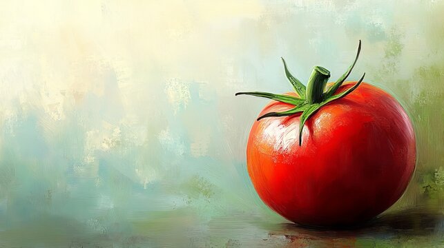 Vibrant Still Life Painting of a Juicy Tomato Resting on a Rustic Wooden Table Evoking Natural Beauty